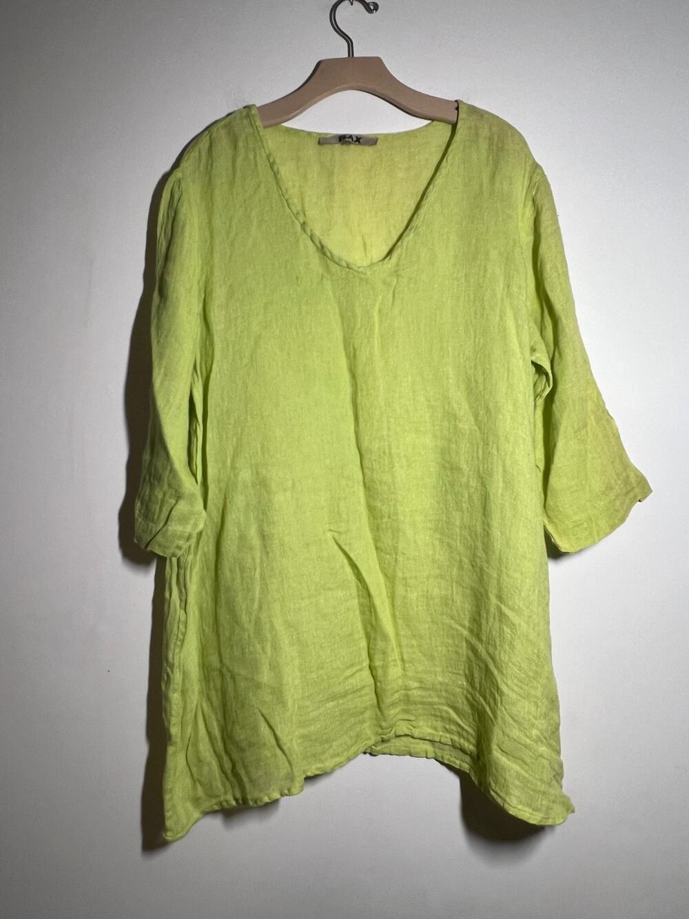 FLAX EUC Lime Green 3/4 Sleeve Pullover V-Neck Tunic Top Dress Lagenlook M/L
